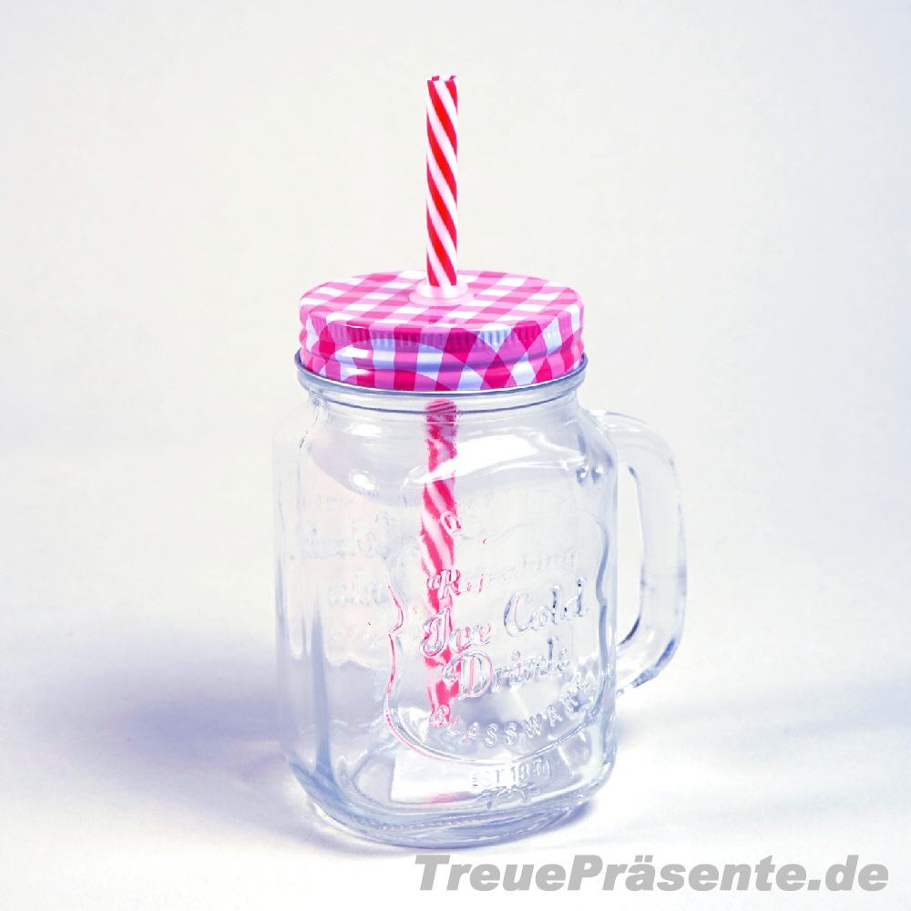 TreuePr&auml;sent Tringglas mit Deckel und Strohhalm
