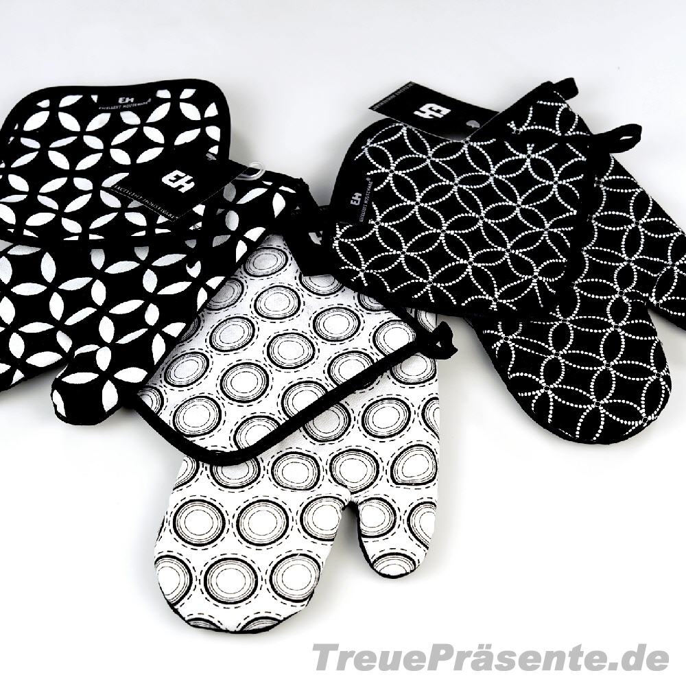 Set aus Topflappen und Ofenhandschuh schwarz-weiss