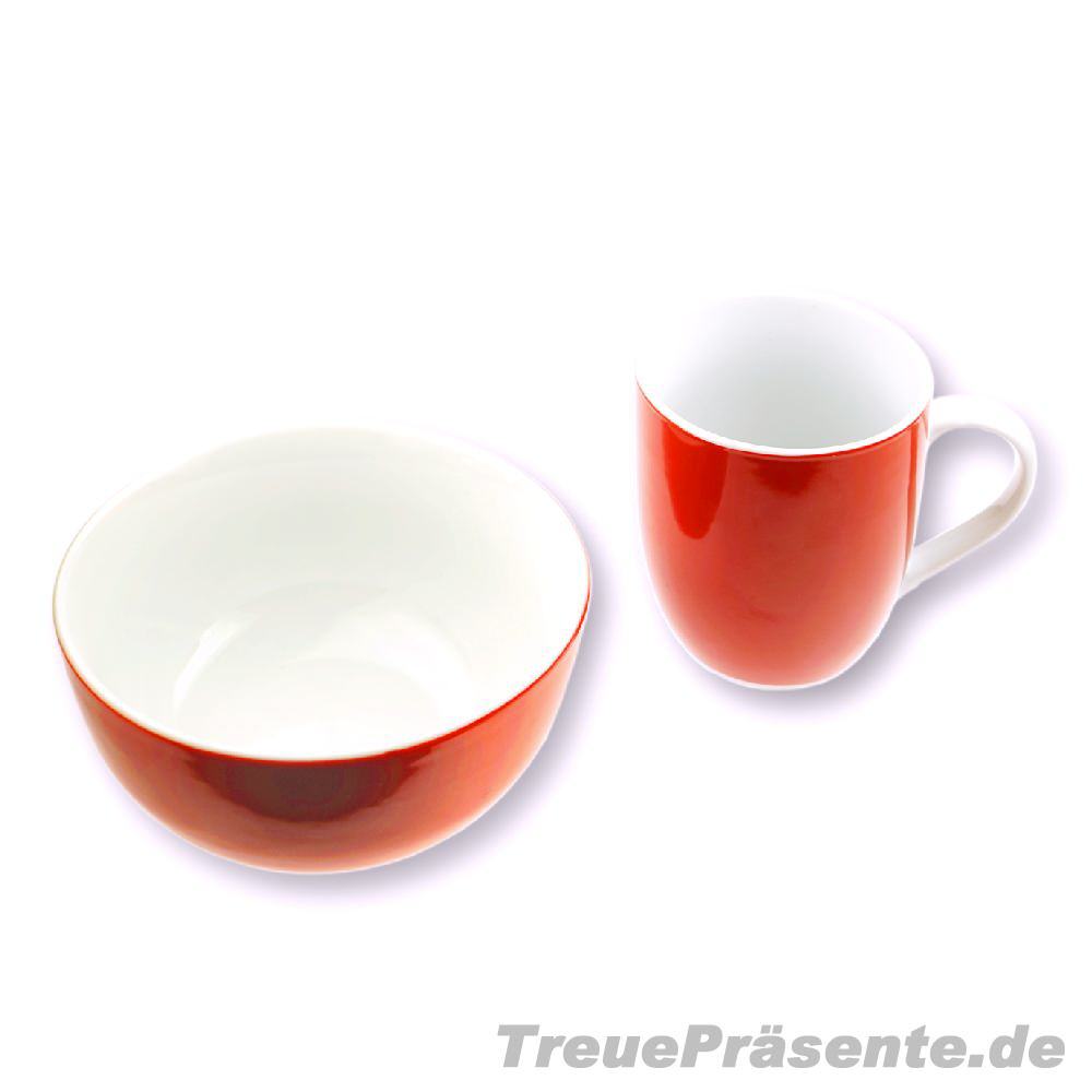 M&uuml;slischale und Kaffeebecher rot-wei&szlig;