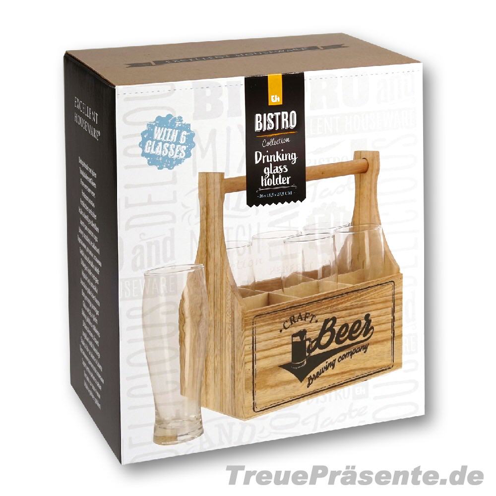 Flaschentr&auml;ger aus Holz mit 6 Gl&auml;sern