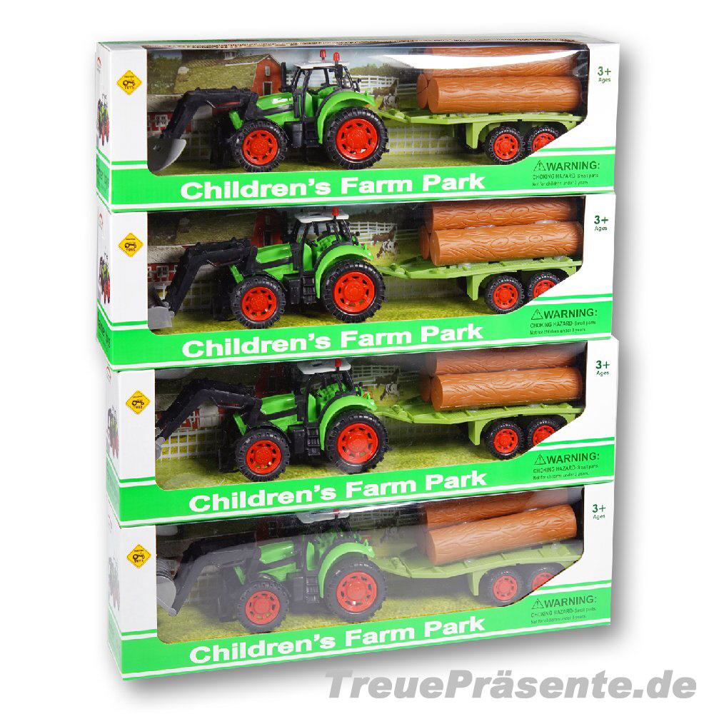 Traktor mit Holzanh&auml;nger und Schafel sortiert