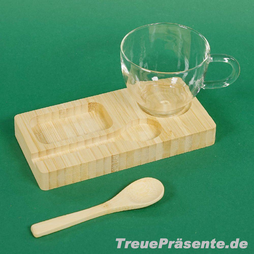 Bambus-Servierbrett mit L&ouml;ffel und Glastasse