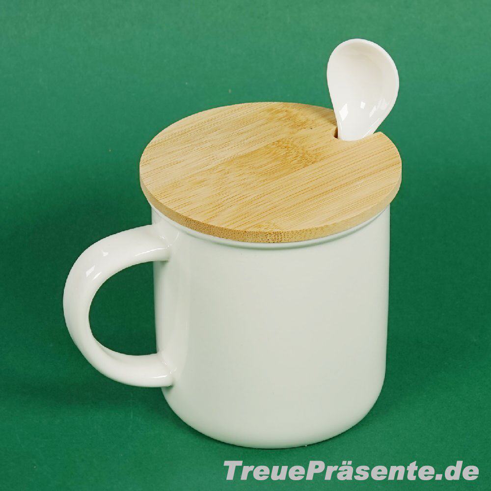 Keramiktasse mit Bambusdeckel und L&ouml;ffel
