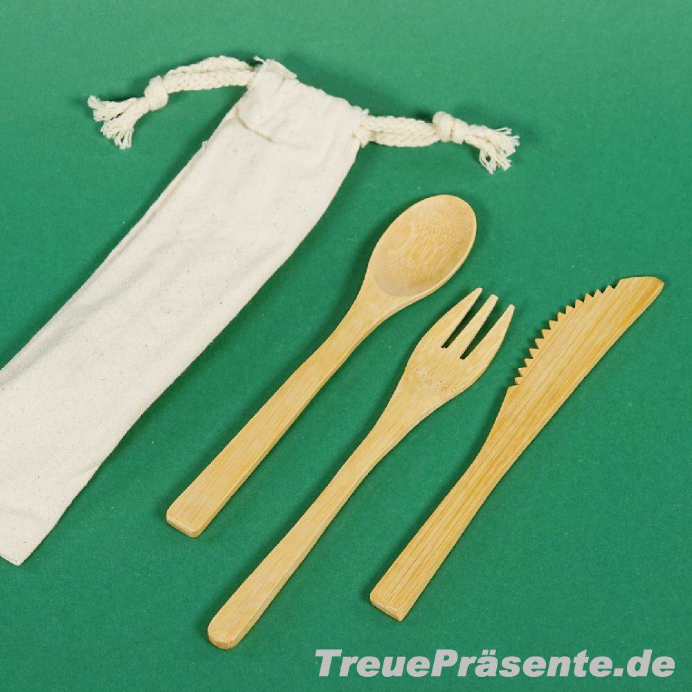 Bambus-Besteck-Set im Baumwollbeutel