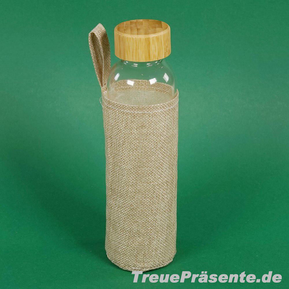 Glasflasche mit Jutemantel und Bambusdeckel