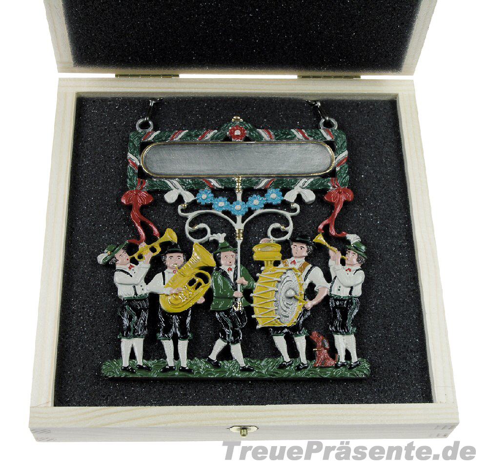 Zinnbild mit Schild und Holzkassette als Treuepr&auml;sent